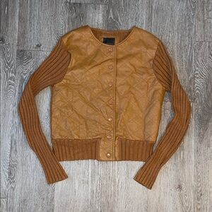 JohnPaulRichard tan leather sweater sleeve button down Knit Jacket size large